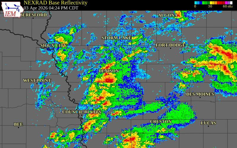 NEXRAD radar during the Friday, April 3, 2026 storm activity in Sac County, Iowa