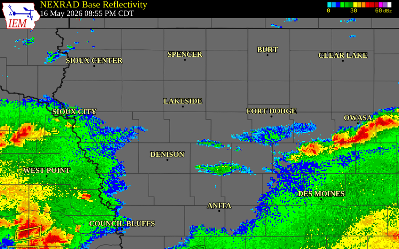 NEXRAD radar during the Saturday, May 16, 2026 storm activity in Sac County, Iowa