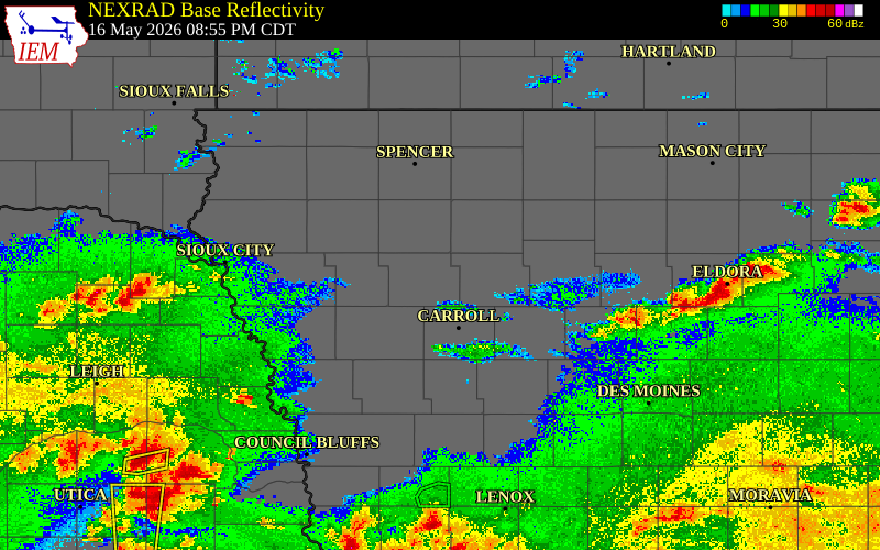 Radar snapshot during the May 16, 2026 wind event near Sac City, Sac County, Iowa, with NWS warning polygons