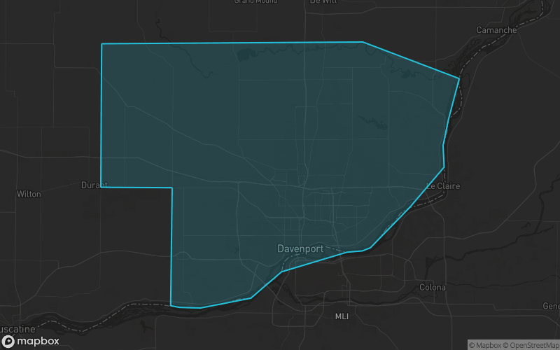 Map of Scott County, Iowa showing the county boundary and surrounding cities