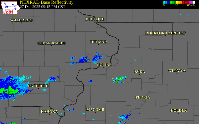 NEXRAD radar during the Saturday, December 27, 2025 storm activity in Scott County, Iowa