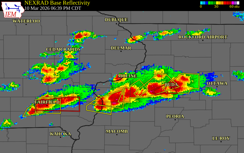NEXRAD radar during the Tuesday, March 10, 2026 storm activity in Scott County, Iowa