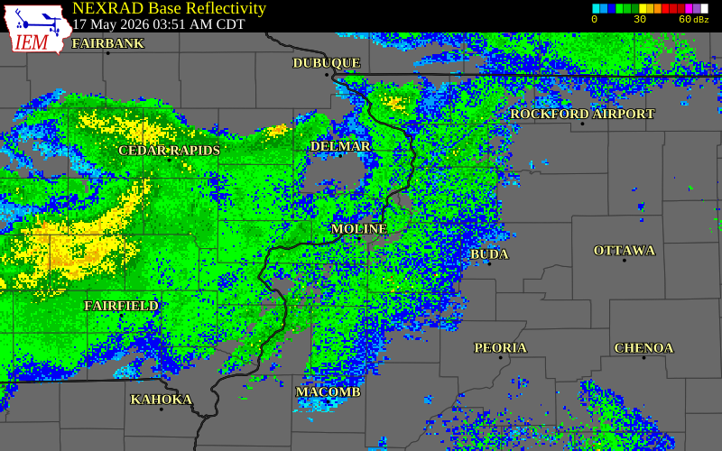 NEXRAD radar during the Sunday, May 17, 2026 storm activity in Scott County, Iowa