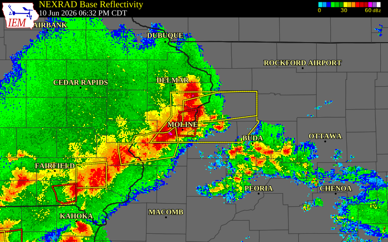 NEXRAD radar during the Wednesday, June 10, 2026 storm activity in Scott County, Iowa