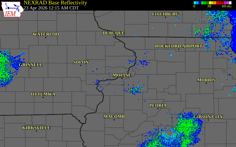 Radar snapshot during the Aug 11, 2026 wind event near 1 SSE Walcott, Scott County, Iowa, with NWS warning polygons