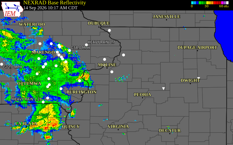 Current NEXRAD radar over Scott County, Iowa with recent storm report locations