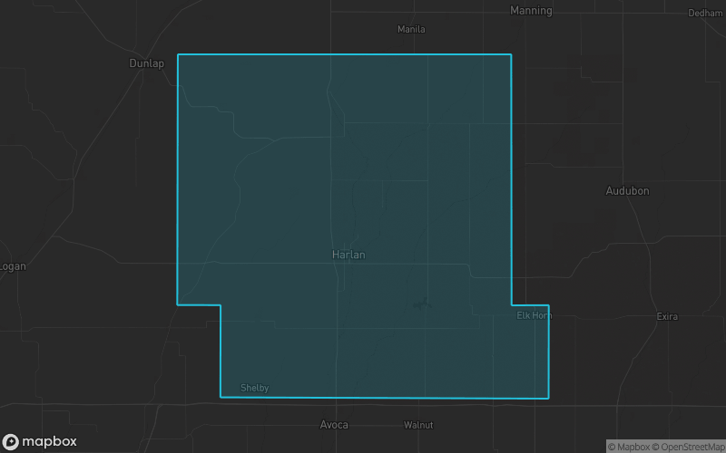 Map of Shelby County, Iowa showing the county boundary and surrounding cities