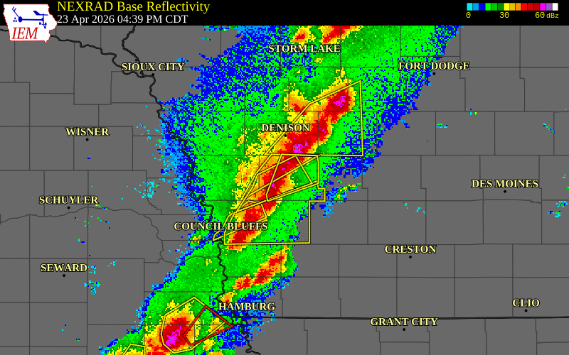 NEXRAD radar during the Thursday, April 23, 2026 storm activity in Shelby County, Iowa