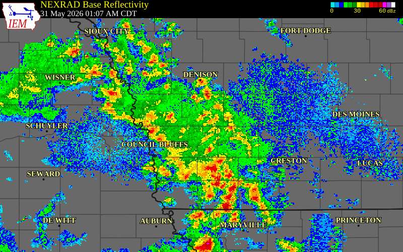 NEXRAD radar during the Sunday, May 31, 2026 storm activity in Shelby County, Iowa
