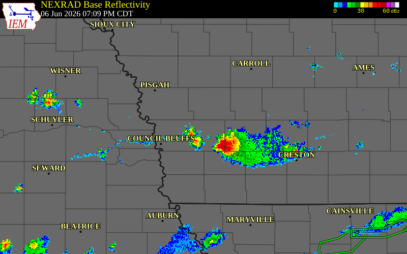 NEXRAD radar during the Saturday, June 6, 2026 storm activity in Shelby County, Iowa