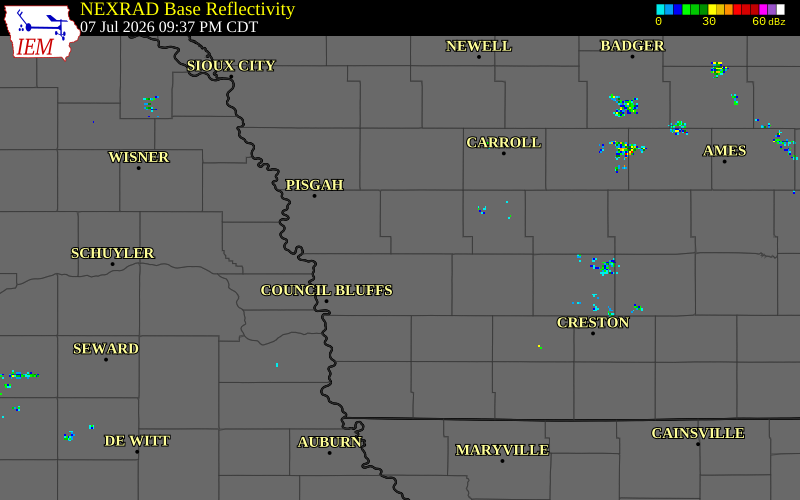 NEXRAD radar during the Tuesday, July 7, 2026 storm activity in Shelby County, Iowa