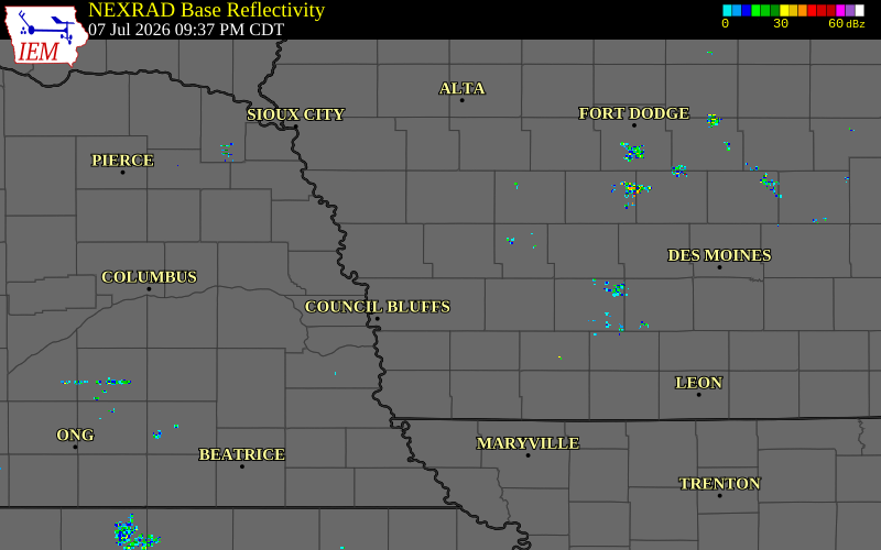 Radar snapshot during the Jul 7, 2026 wind event near 1 N Shelby, Shelby County, Iowa, with NWS warning polygons