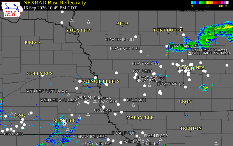 Current NEXRAD radar over Shelby County, Iowa with recent storm report locations