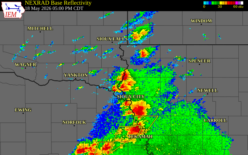 NEXRAD radar during the Monday, May 18, 2026 storm activity in Sioux County, Iowa