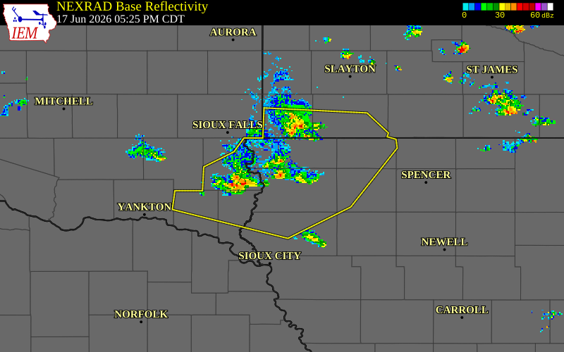 NEXRAD radar during the Wednesday, June 17, 2026 storm activity in Sioux County, Iowa