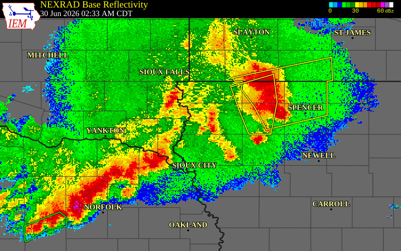 NEXRAD radar during the Tuesday, June 30, 2026 storm activity in Sioux County, Iowa