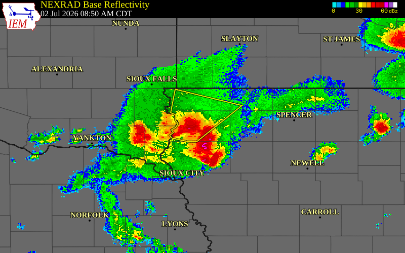 NEXRAD radar during the Thursday, July 2, 2026 storm activity in Sioux County, Iowa