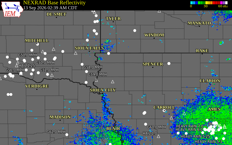 Current NEXRAD radar over Sioux County, Iowa with recent storm report locations