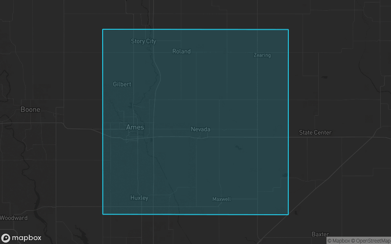 Map of Story County, Iowa showing the county boundary and surrounding cities