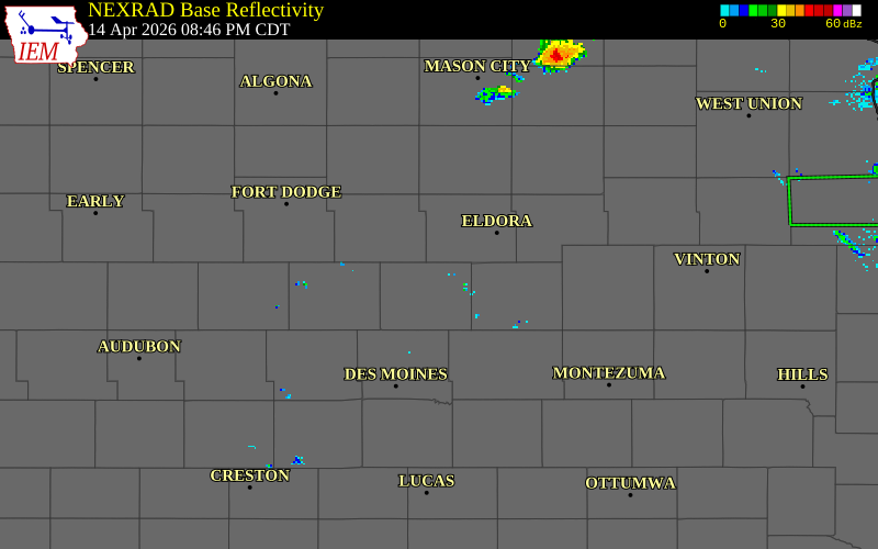 NEXRAD radar during the Tuesday, April 14, 2026 storm activity in Story County, Iowa