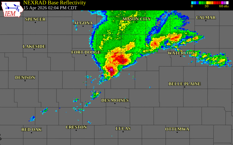 NEXRAD radar during the Wednesday, April 15, 2026 storm activity in Story County, Iowa