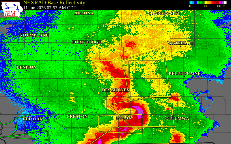 NEXRAD radar during the Thursday, June 11, 2026 storm activity in Story County, Iowa