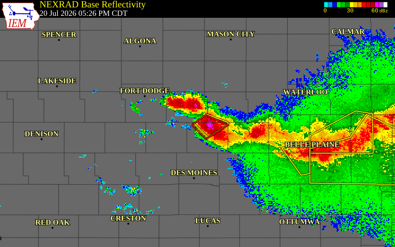 NEXRAD radar during the Monday, July 20, 2026 storm activity in Story County, Iowa