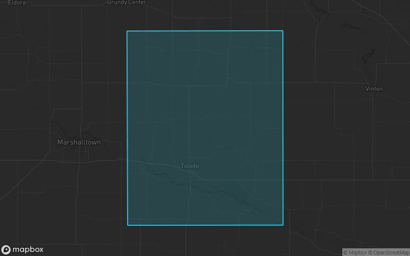 Map of Tama County, Iowa showing the county boundary and surrounding cities