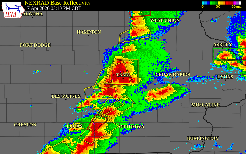 NEXRAD radar during the Friday, April 17, 2026 storm activity in Tama County, Iowa