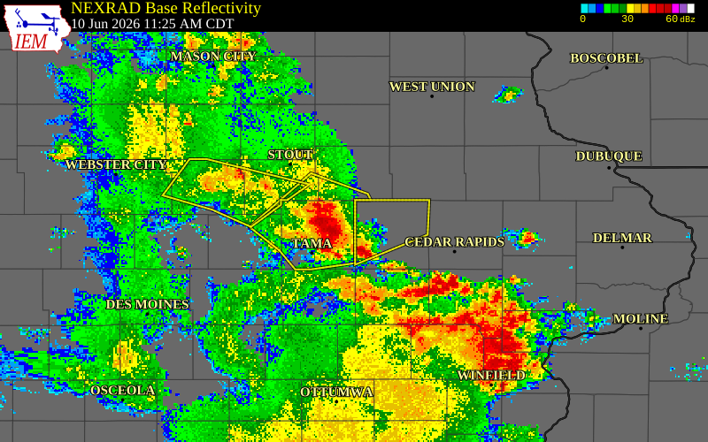NEXRAD radar during the Wednesday, June 10, 2026 storm activity in Tama County, Iowa