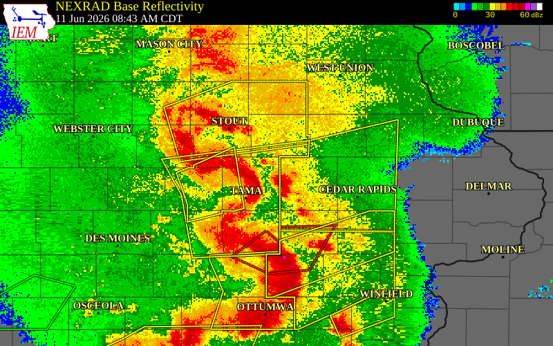 NEXRAD radar during the Thursday, June 11, 2026 storm activity in Tama County, Iowa