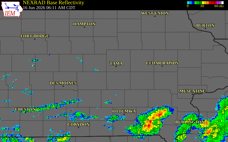 NEXRAD radar during the Tuesday, June 16, 2026 storm activity in Tama County, Iowa