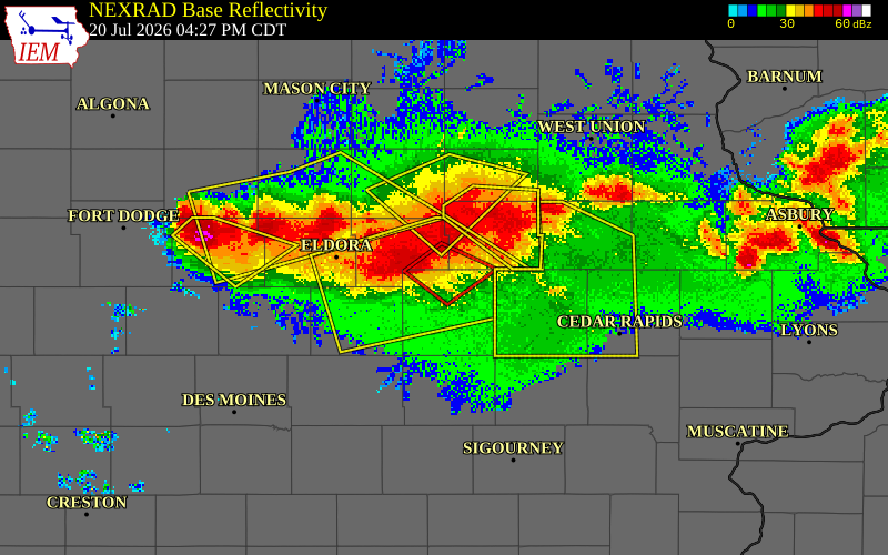 NEXRAD radar during the Monday, July 20, 2026 storm activity in Tama County, Iowa