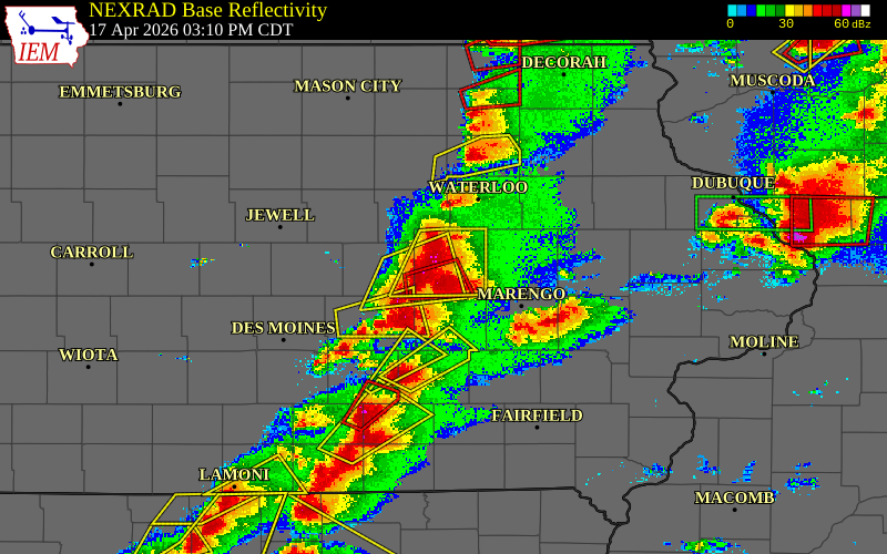 Radar snapshot during the Apr 17, 2026 hail event near Toledo, Tama County, Iowa, with NWS warning polygons
