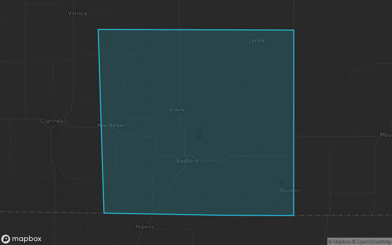 Map of Taylor County, Iowa showing the county boundary and surrounding cities