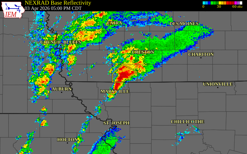 NEXRAD radar during the Friday, April 3, 2026 storm activity in Taylor County, Iowa