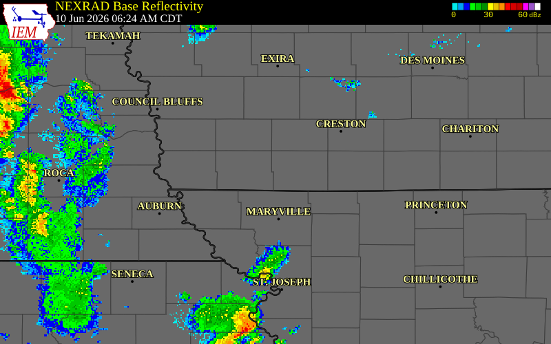 NEXRAD radar during the Wednesday, June 10, 2026 storm activity in Taylor County, Iowa