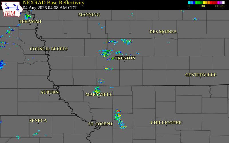 NEXRAD radar during the Tuesday, August 4, 2026 storm activity in Taylor County, Iowa