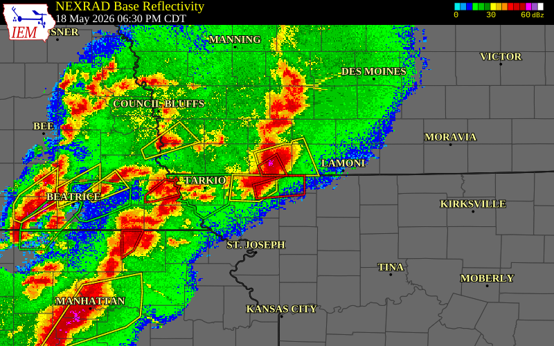 Radar snapshot during the May 18, 2026 tornado event near 5 WNW Athelstan, Taylor County, Iowa, with NWS warning polygons