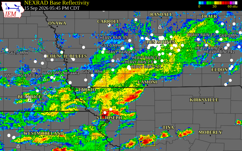 Current NEXRAD radar over Taylor County, Iowa with recent storm report locations