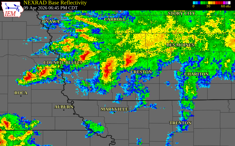 NEXRAD radar during the Thursday, April 9, 2026 storm activity in Union County, Iowa