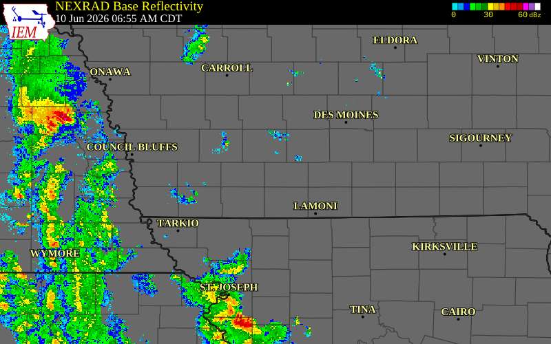 Radar snapshot during the Jun 10, 2026 wind event near Creston, Union County, Iowa, with NWS warning polygons