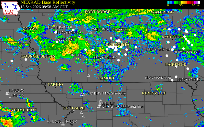 Current NEXRAD radar over Union County, Iowa with recent storm report locations