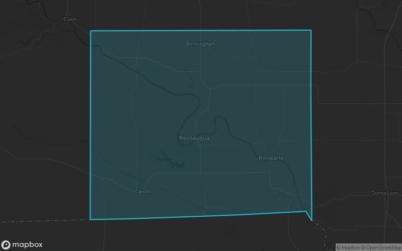 Map of Van Buren County, Iowa showing the county boundary and surrounding cities