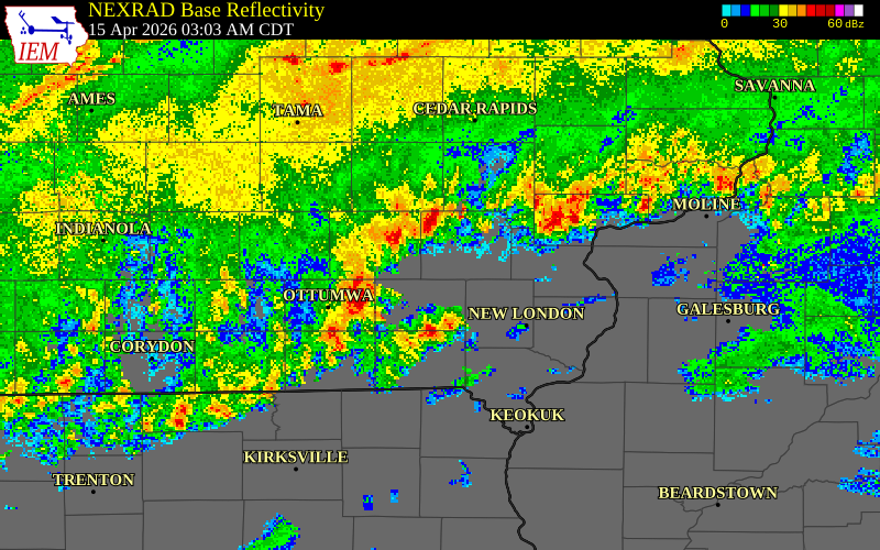 NEXRAD radar during the Wednesday, April 15, 2026 storm activity in Van Buren County, Iowa