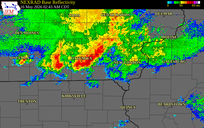 NEXRAD radar during the Saturday, May 16, 2026 storm activity in Van Buren County, Iowa