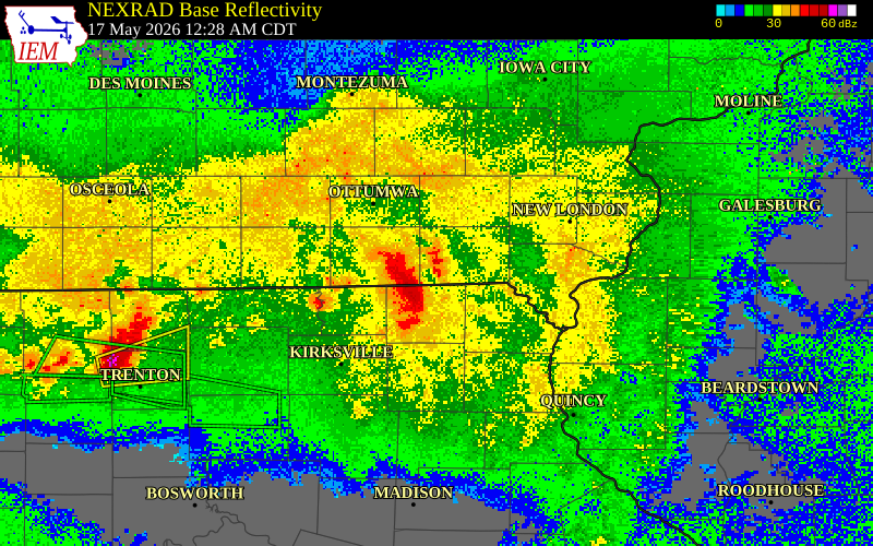 NEXRAD radar during the Sunday, May 17, 2026 storm activity in Van Buren County, Iowa