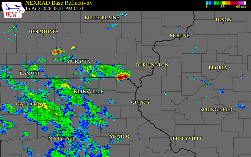 Radar snapshot during the May 18, 2026 wind event near Van Buren County, Van Buren County, Iowa, with NWS warning polygons