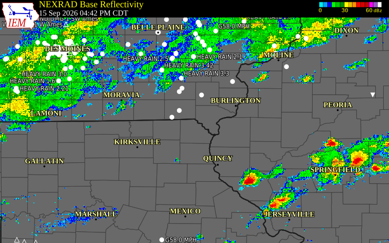 Current NEXRAD radar over Van Buren County, Iowa with recent storm report locations
