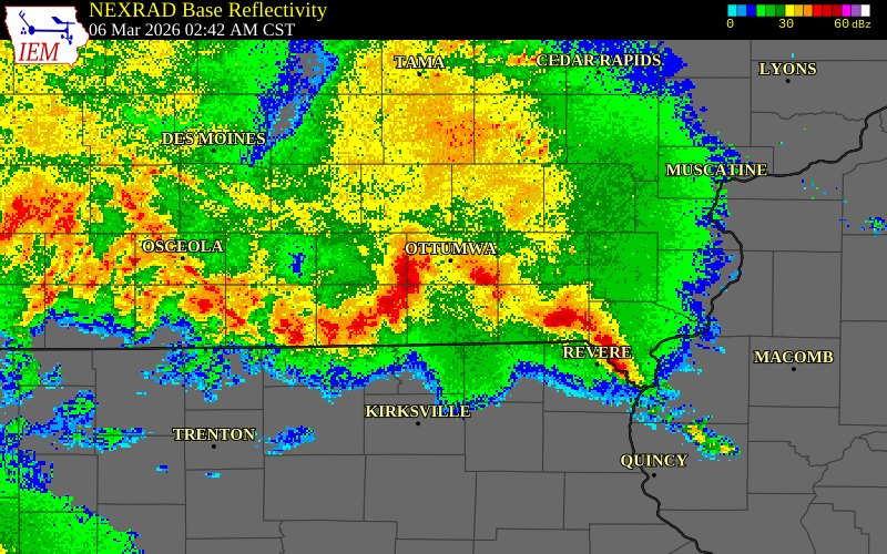 NEXRAD radar during the Friday, March 6, 2026 storm activity in Wapello County, Iowa